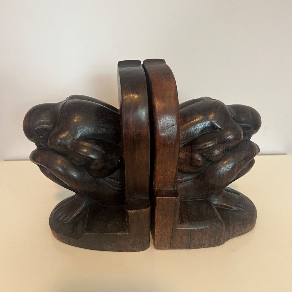 Hand Carved Weeping Buddha (Orang Malu) Dark Wood Yogi Man Bookends